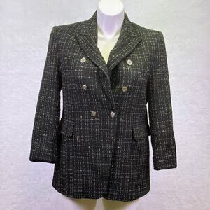 Mina Self Black Gold Metallic Check Double Breasted Tweed Blazer Jacket Size XL
